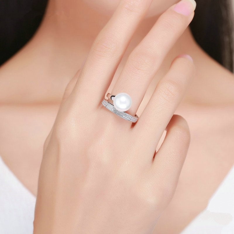 Bague Perle Brillante <titolo_esteso><span>en argent 925 plaqué or blanc ajustable avec zircons blancs</span></titolo_esteso> - Image 2