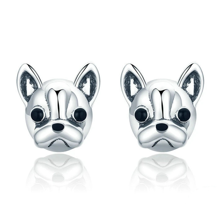 Boucles d'Oreilles Bouledogue Français <titolo_esteso><span>en argent 925 plaqué or blanc</span></titolo_esteso>