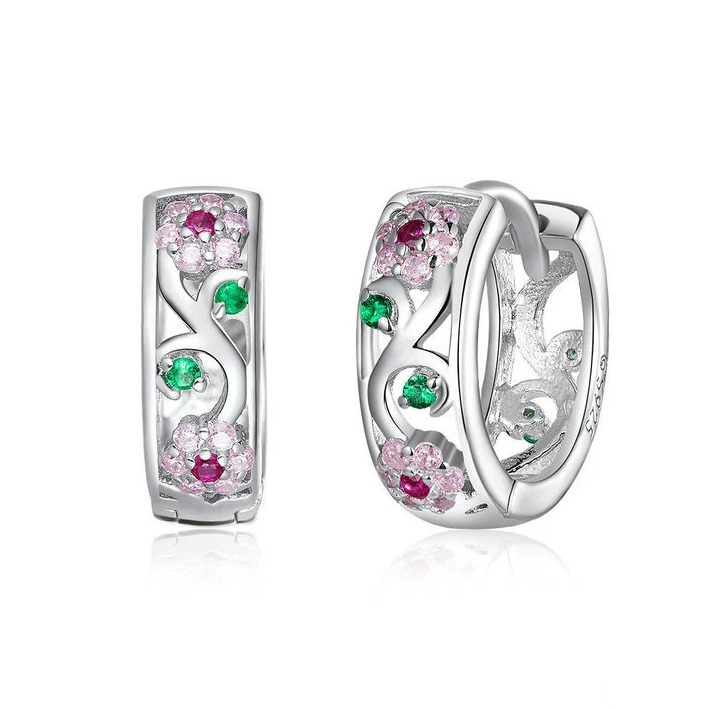 Boucles d’Oreilles Créoles Fleurs Brillantes <myopt><span>Argent Sterling 925 plaqué or blanc avec zircons colorés</span></myopt>