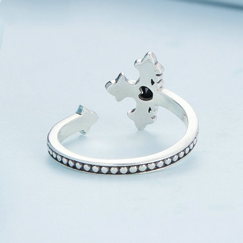 Bague Croix avec Coeur <titolo_esteso><span>en argent 925 plaqué or blanc ajustable avec zircon noir</span></titolo_esteso> - Image 4