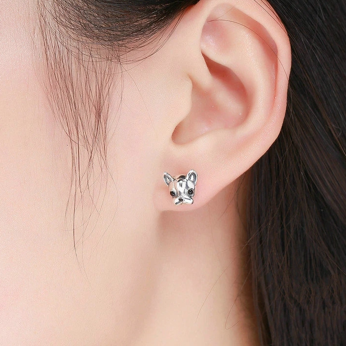 Boucles d'Oreilles Bouledogue Français <titolo_esteso><span>en argent 925 plaqué or blanc</span></titolo_esteso> - Image 2