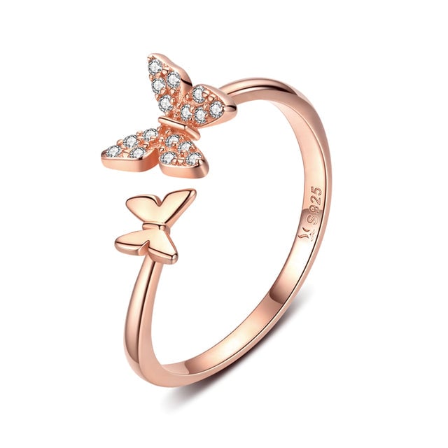 Bague Papillons <titolo_esteso><span>en argent 925 plaqué or rose ajustable avec zircons blancs</span></titolo_esteso>