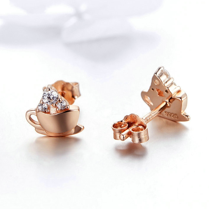 Boucles d’Oreilles Tasse de Café <myopt><span>Puces en Argent Sterling 925 plaqué or rose avec zircons blancs</span></myopt> - Image 4