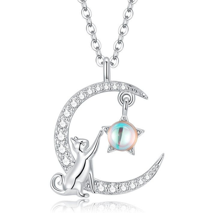 Collier Lune avec Chat et Étoile <myopt><span>Argent Sterling 925 plaqué or blanc avec pavé de zircons blancs et pierre de lune</span></myopt>