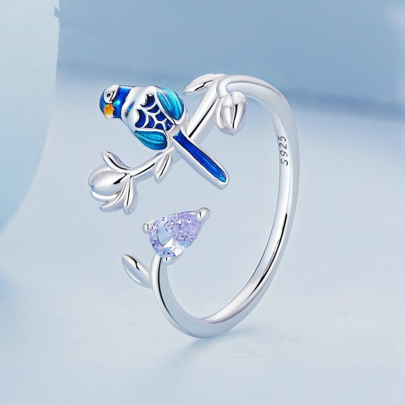Bague Petit Oiseau <titolo_esteso><span>en argent 925 plaqué or blanc ajustable émaillé à la main</span></titolo_esteso> - Image 3