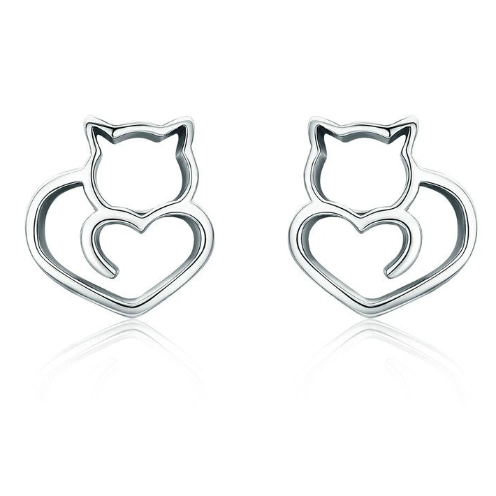 Boucles d'Oreilles Chat avec Coeurs <titolo_esteso><span>en argent 925 plaqué or blanc</span></titolo_esteso>