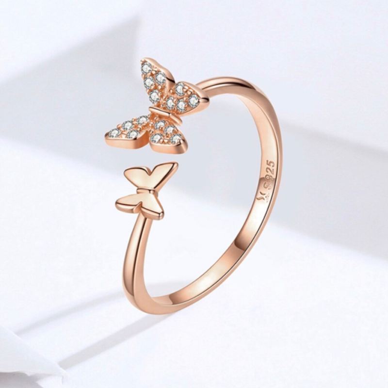 Bague Papillons <titolo_esteso><span>en argent 925 plaqué or rose ajustable avec zircons blancs</span></titolo_esteso> - Image 3
