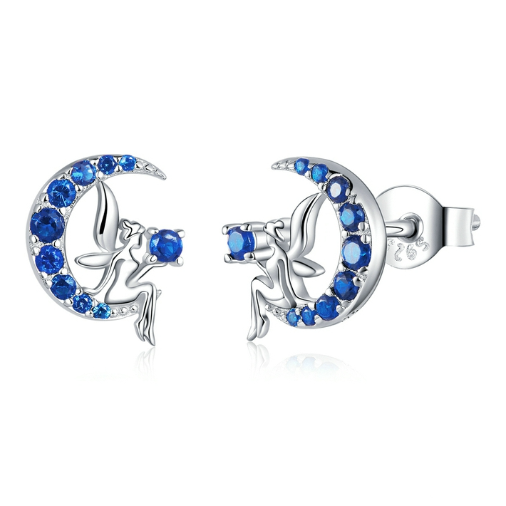 Boucles d’Oreilles Fée sur la Lune <myopt><span>Puces en Argent Sterling 925 plaqué or blanc avec zircons bleus</span></myopt>