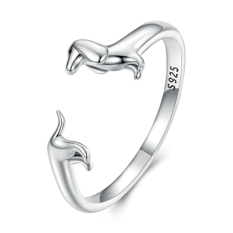 Bague Chien Teckel <titolo_esteso><span>en argent 925 plaqué or blanc ajustable avec chien teckel</span></titolo_esteso>