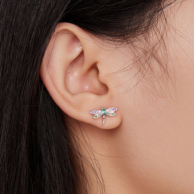 Boucles d'Oreilles Libellules <titolo_esteso><span>en argent 925 plaqué or blanc avec zircons colorés</span></titolo_esteso> - Image 2