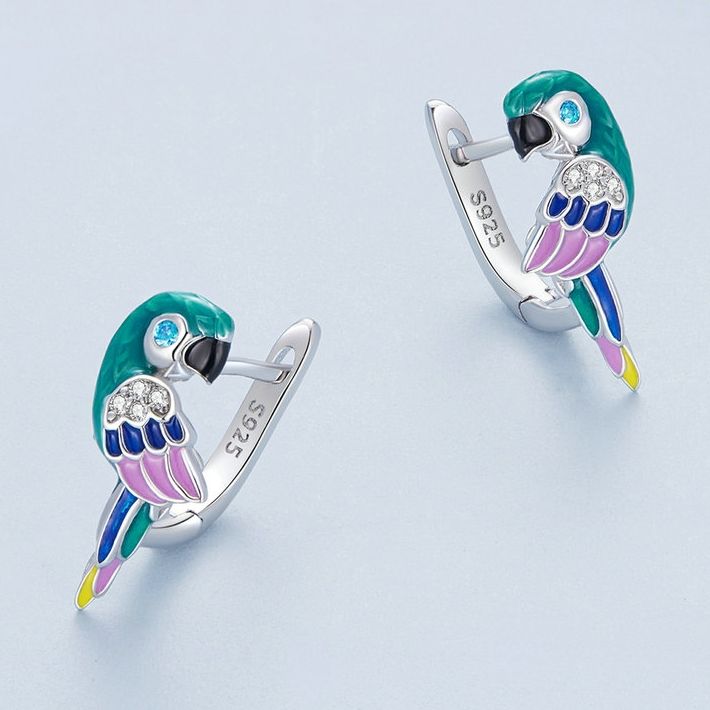 Boucles d'Oreilles Perroquets <titolo_esteso><span>en argent 925 plaqué or blanc émaillé à la main avec zircons blancs et bleus</span></titolo_esteso> - Image 3