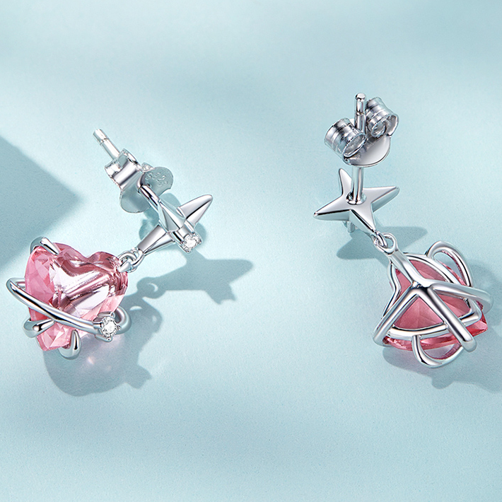 Boucles d'Oreilles Coeurs et Étoiles <titolo_esteso><span>en argent 925 plaqué or blanc avec zircons roses et blancs</span></titolo_esteso> - Image 5