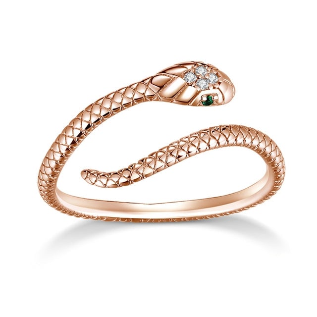 Bague Serpent Cobra Royal <titolo_esteso><span>en argent 925 plaqué or rose ajustable avec pavé de zircons blancs et verts</span></titolo_esteso> - Image 3