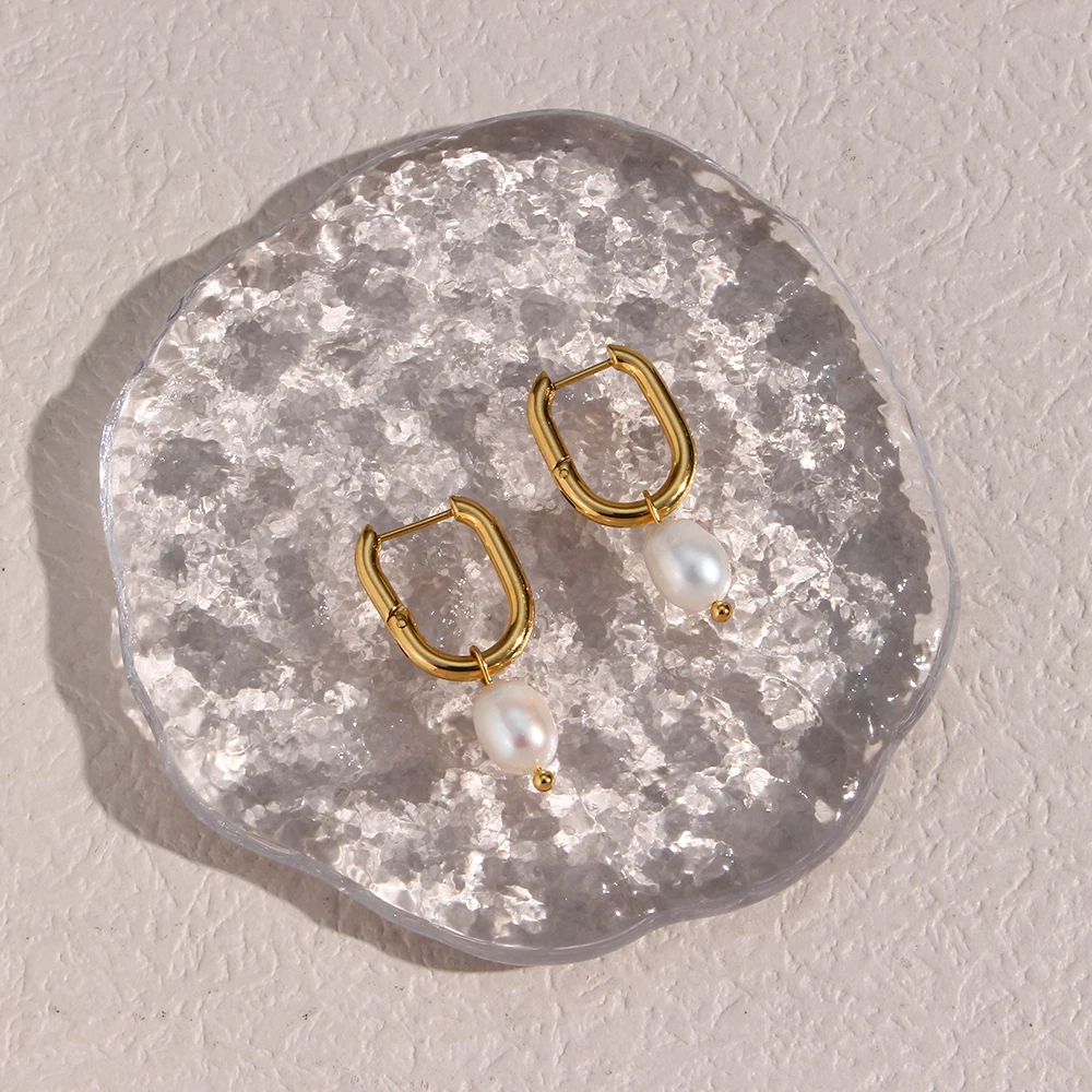 E.B.belle Waterproof Tarnish Free Jewelry Stainless Steel Gold Plated U Shape Freshwater Pearl Charm Hoop Ring Earring For Woman - Image 11