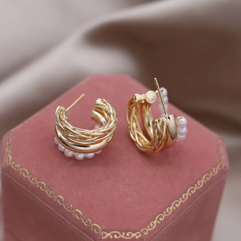 Korean New Fashion Jewelry 14K Gold Plated C-type Multi layer Pearl Metal Braided Earrings Elegant Women's Party Accessories - Image 8