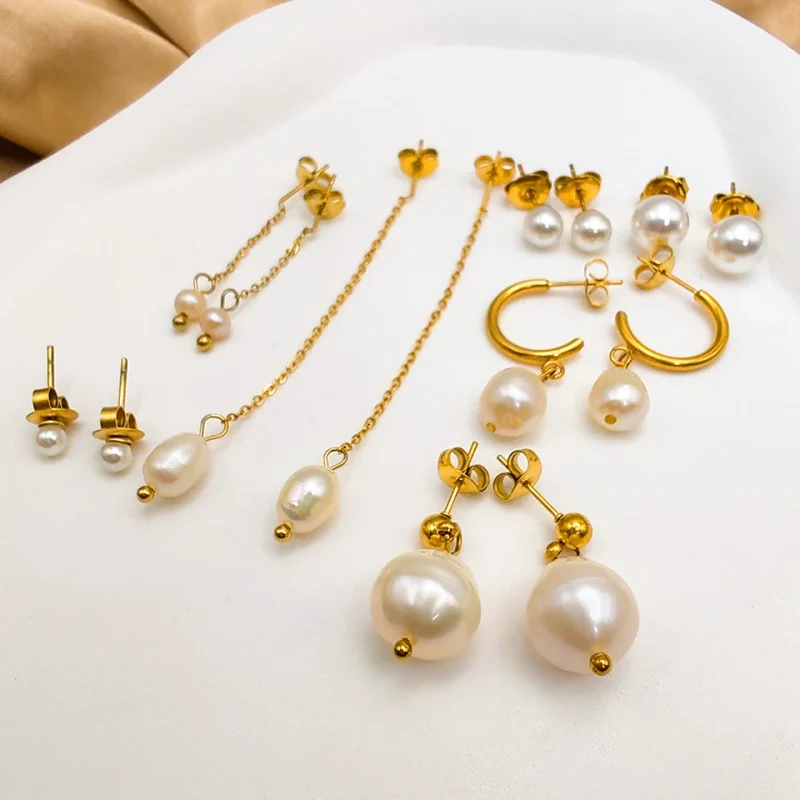 eManco Freshwater Pearl Earrings Stainless Steel Women's Jewelry Chain Drop Pierced Earrings Pearl Jewelry Set Gift Wholesale - Image 34