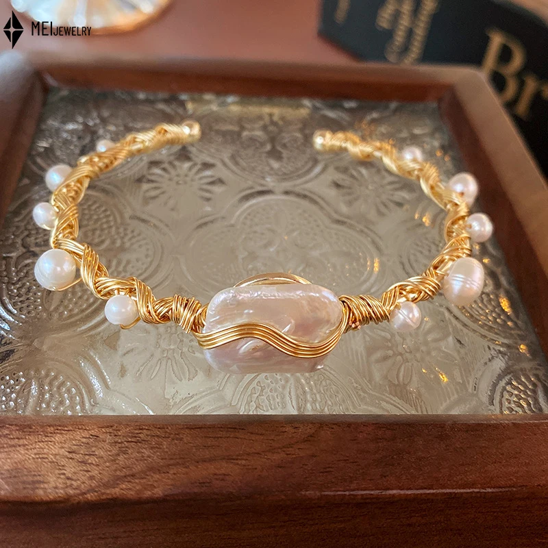 Fashion Light Luxury Elegant Wrapped Baroque Pearl Opening Bracelet for Womern ﻿ - Image 3