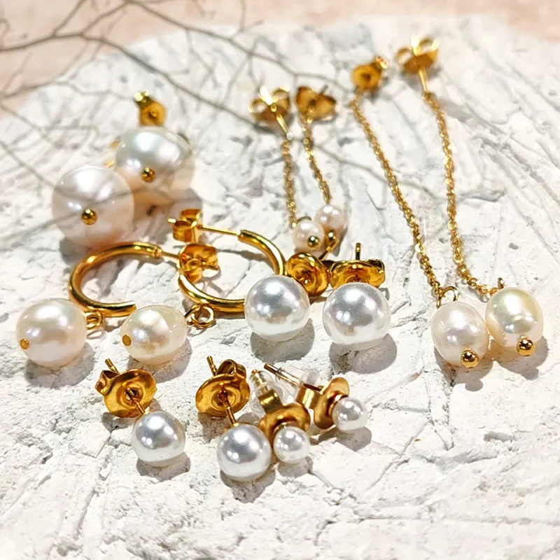 eManco Freshwater Pearl Earrings Stainless Steel Women's Jewelry Chain Drop Pierced Earrings Pearl Jewelry Set Gift Wholesale - Image 35