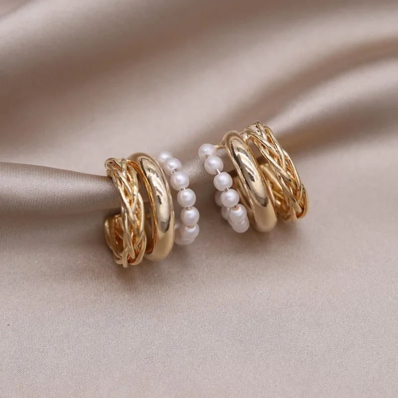 Korean New Fashion Jewelry 14K Gold Plated C-type Multi layer Pearl Metal Braided Earrings Elegant Women's Party Accessories - Image 9