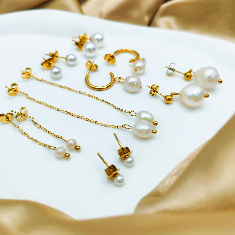 eManco Freshwater Pearl Earrings Stainless Steel Women's Jewelry Chain Drop Pierced Earrings Pearl Jewelry Set Gift Wholesale - Image 5