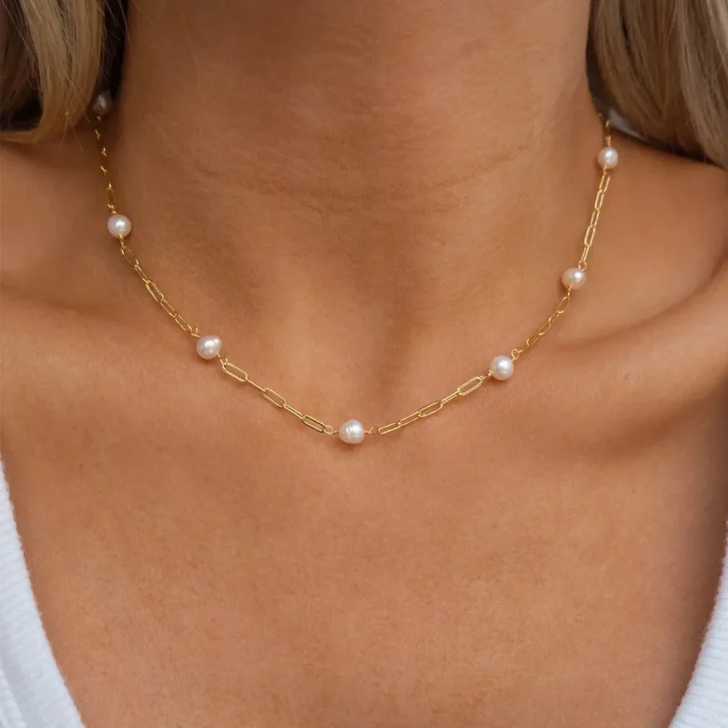 Fashionable French Style Freshwater Pearl Necklace Handmade Stainless Steel Women's Jewelry Accessory 18K Gold Plated - Image 3