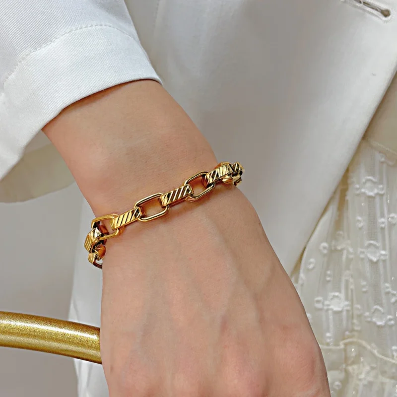 2024 New Wide Chunky Twist Bracelets For Women Gold Color Stainless Steel Link Cubic Chain Bangle Gift - Image 4
