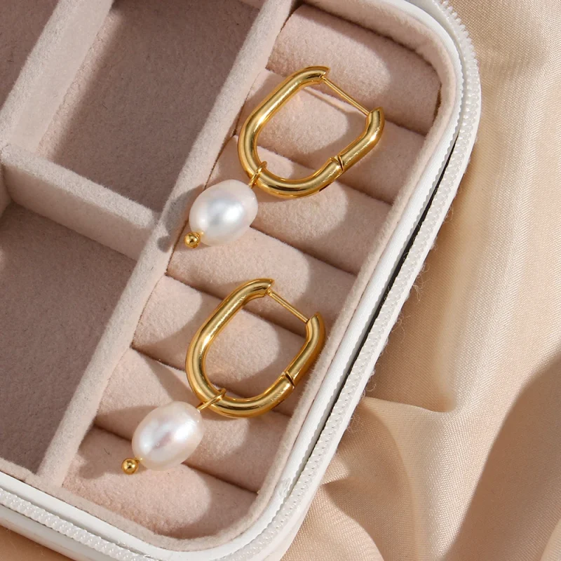 E.B.belle Waterproof Tarnish Free Jewelry Stainless Steel Gold Plated U Shape Freshwater Pearl Charm Hoop Ring Earring For Woman - Image 8