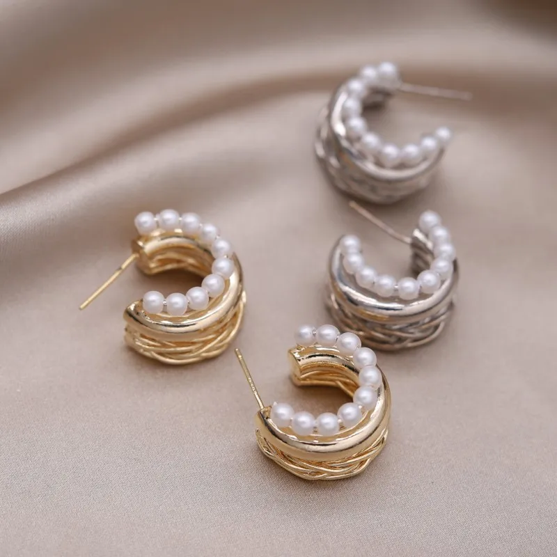 Korean New Fashion Jewelry 14K Gold Plated C-type Multi layer Pearl Metal Braided Earrings Elegant Women's Party Accessories - Image 5