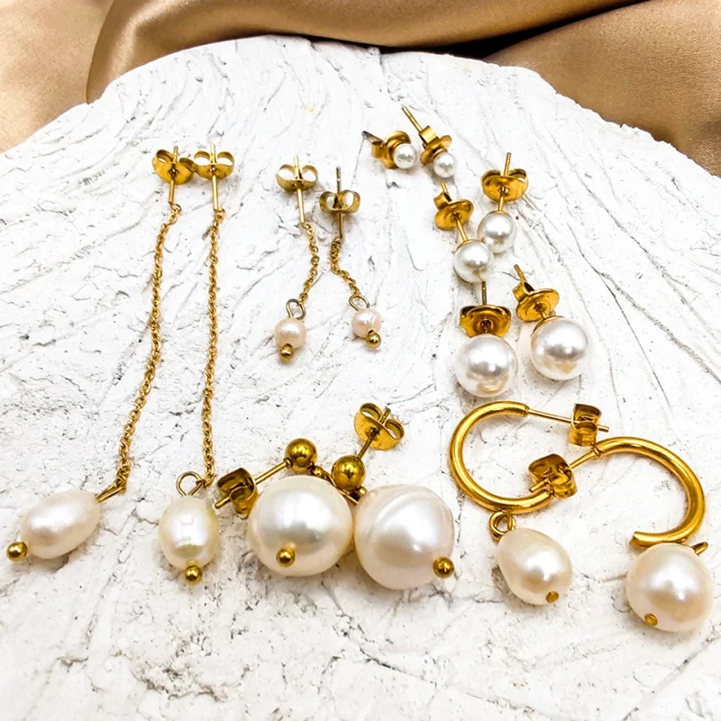 eManco Freshwater Pearl Earrings Stainless Steel Women's Jewelry Chain Drop Pierced Earrings Pearl Jewelry Set Gift Wholesale - Image 40
