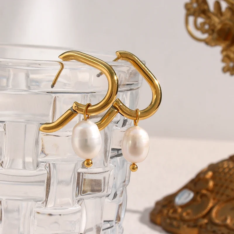 E.B.belle Waterproof Tarnish Free Jewelry Stainless Steel Gold Plated U Shape Freshwater Pearl Charm Hoop Ring Earring For Woman - Image 13