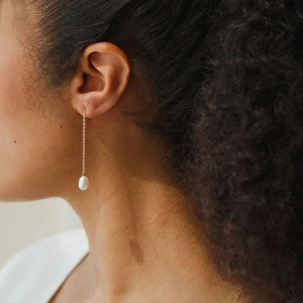 eManco Freshwater Pearl Earrings Stainless Steel Women's Jewelry Chain Drop Pierced Earrings Pearl Jewelry Set Gift Wholesale - Image 3