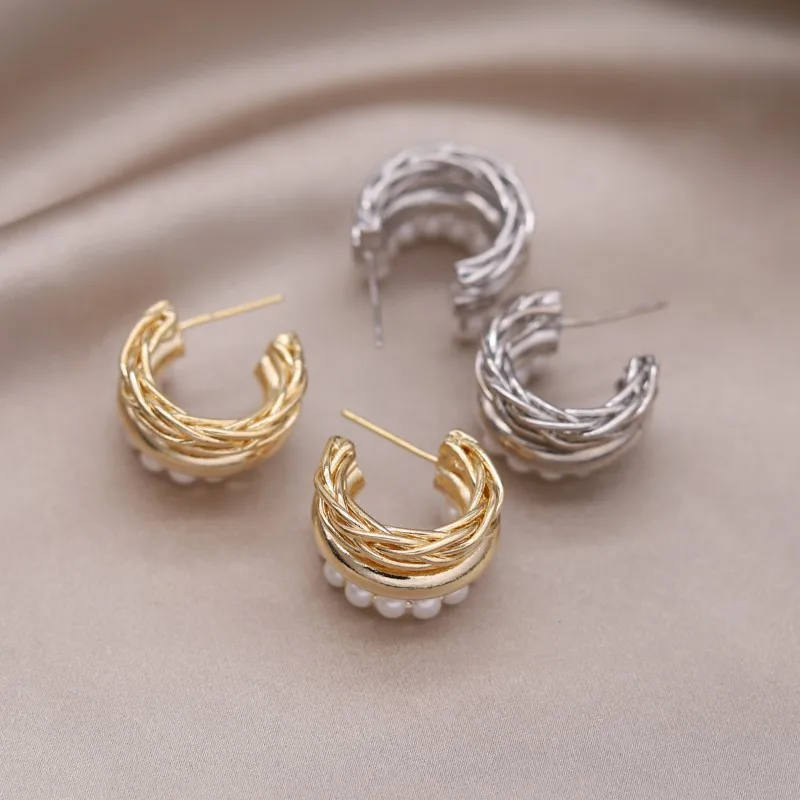 Korean New Fashion Jewelry 14K Gold Plated C-type Multi layer Pearl Metal Braided Earrings Elegant Women's Party Accessories - Image 14