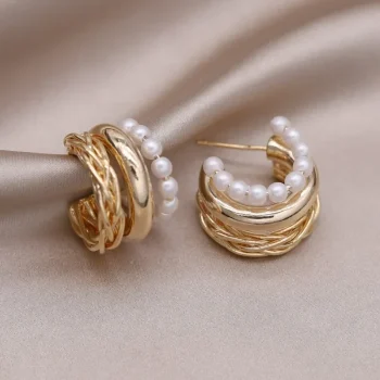 Korean New Fashion Jewelry 14K Gold Plated C-type Multi layer Pearl Metal Braided Earrings Elegant Women's Party Accessories