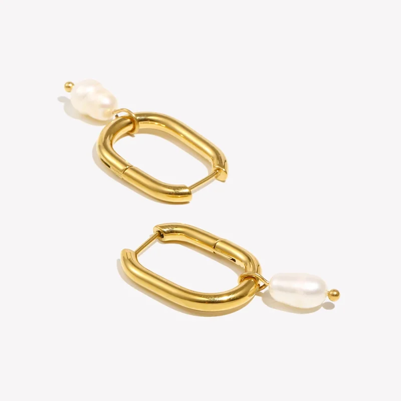 E.B.belle Waterproof Tarnish Free Jewelry Stainless Steel Gold Plated U Shape Freshwater Pearl Charm Hoop Ring Earring For Woman - Image 2