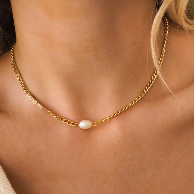 Fashionable French Style Freshwater Pearl Necklace Handmade Stainless Steel Women's Jewelry Accessory 18K Gold Plated - Image 2