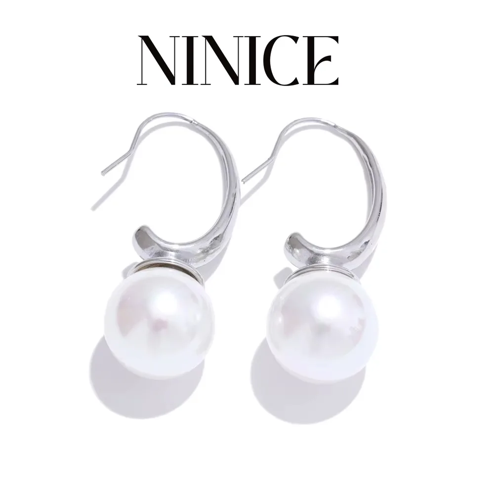 NiNice Fashion Stainless Steel Simulated Pearls Round Pendant Earrings Elegant Korean Style Exquisite Jewelry 2025