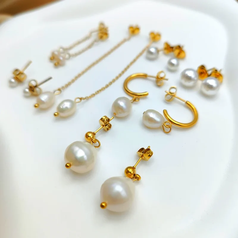 eManco Freshwater Pearl Earrings Stainless Steel Women's Jewelry Chain Drop Pierced Earrings Pearl Jewelry Set Gift Wholesale - Image 4