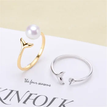 DIY Pearl Ring Accessory S925 Sterling Silver Ring Empty Holder Fish Tail K Gold Version Ring Holder Fit 6-9mm Round Flat Beads