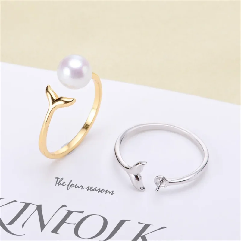DIY Pearl Ring Accessory S925 Sterling Silver Ring Empty Holder Fish Tail K Gold Version Ring Holder Fit 6-9mm Round Flat Beads