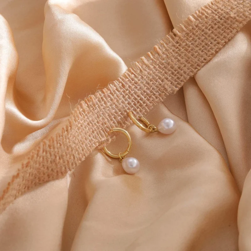 Trendy 14k Gold Plated Pearl Dangle Drop Hoop Huggies Earrings Cubic Zirconia Irregular Knot Pearl Studs Hypoallergenic Earrings - Image 6