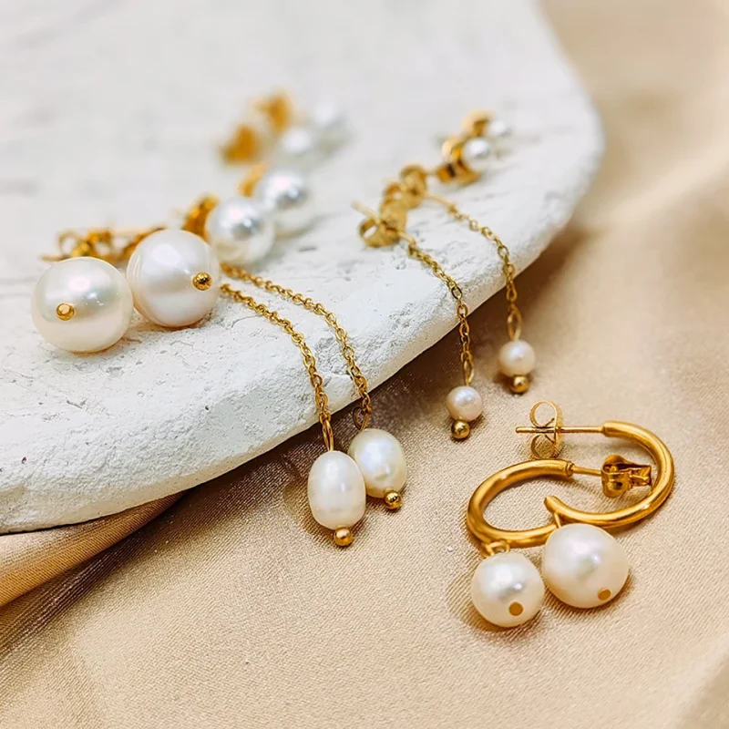 eManco Freshwater Pearl Earrings Stainless Steel Women's Jewelry Chain Drop Pierced Earrings Pearl Jewelry Set Gift Wholesale - Image 36