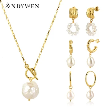 ANDYWEN 925 Sterling Silver Gold Irregular Pearl Drop Earring Percing Horoscope Chain Big Pearl Pendant Necklace Jewelry Set