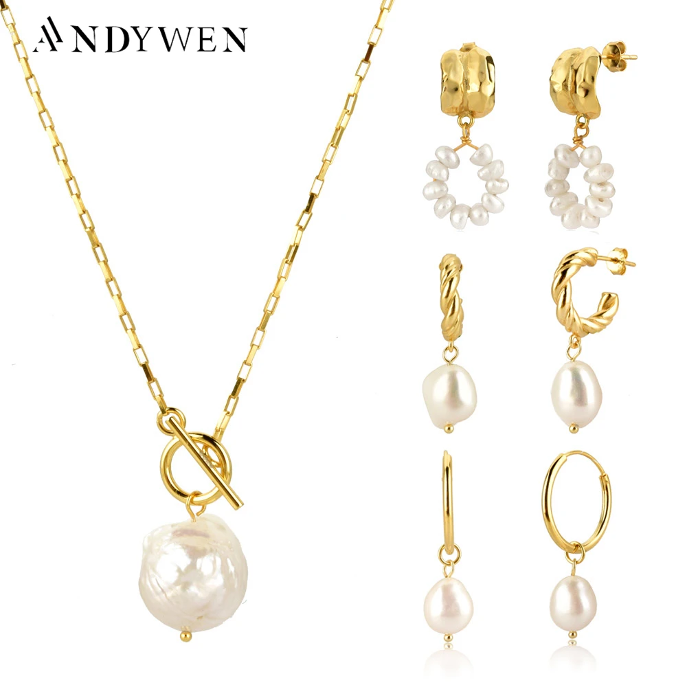 ANDYWEN 925 Sterling Silver Gold Irregular Pearl Drop Earring Percing Horoscope Chain Big Pearl Pendant Necklace Jewelry Set