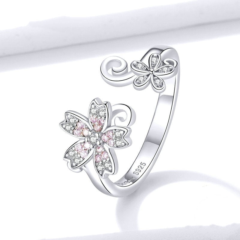 Bague Fleur de Cerisier <titolo_esteso><span>en argent 925 plaqué or blanc ajustable avec zircons blancs et roses</span></titolo_esteso> - Image 3