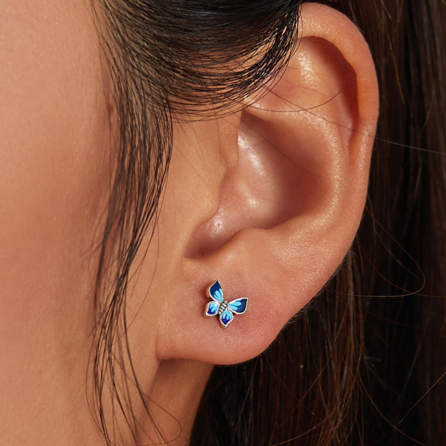 Boucles d'Oreilles Papillons <titolo_esteso><span>en argent 925 plaqué or blanc émaillé bleue</span></titolo_esteso> - Image 2