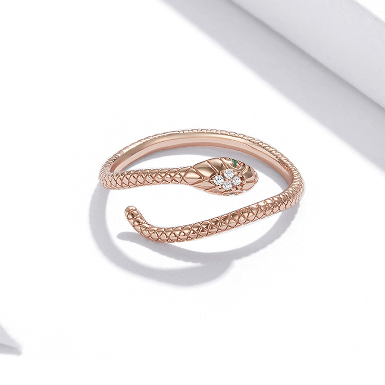 Bague Serpent Cobra Royal <titolo_esteso><span>en argent 925 plaqué or rose ajustable avec pavé de zircons blancs et verts</span></titolo_esteso> - Image 4