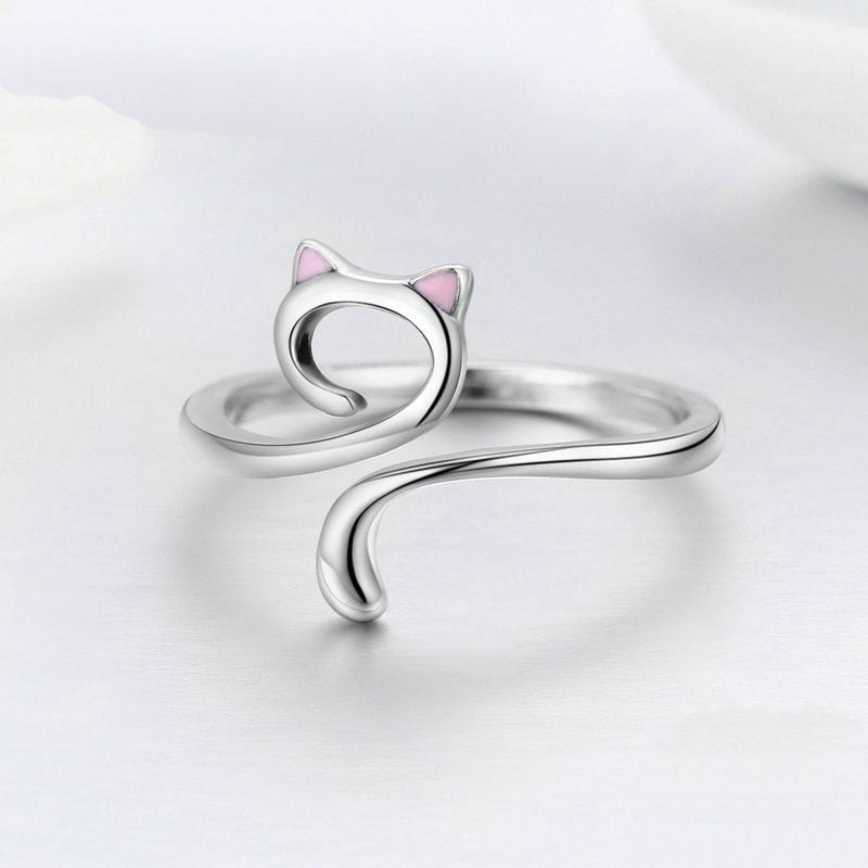 Bague Chat <titolo_esteso><span>en argent 925 plaqué or blanc ajustable avec oreilles émaillées roses</span></titolo_esteso> - Image 3