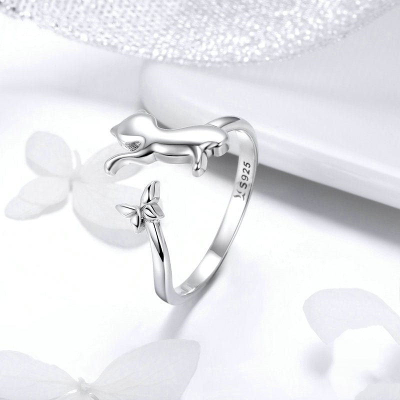 Bague Chat avec Papillon <titolo_esteso><span>en argent 925 plaqué or blanc ajustable</span></titolo_esteso> - Image 3