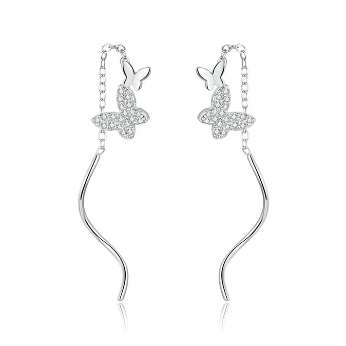 Boucles d'Oreilles Papillons <titolo_esteso><span>en argent 925 plaqué or blanc avec chaînes et zircons blancs</span></titolo_esteso>
