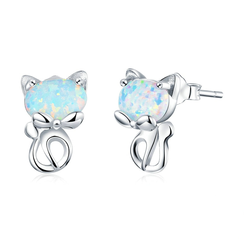 Boucles d'Oreilles Chats <titolo_esteso><span>en argent 925 plaqué or blanc avec opales</span></titolo_esteso>